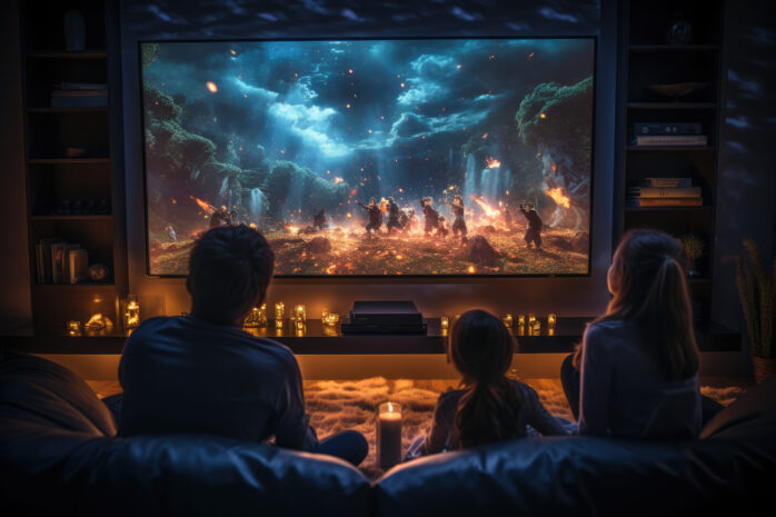 A family enjoying movie night with a large smart TV and streaming content from various platforms. Generative Ai.